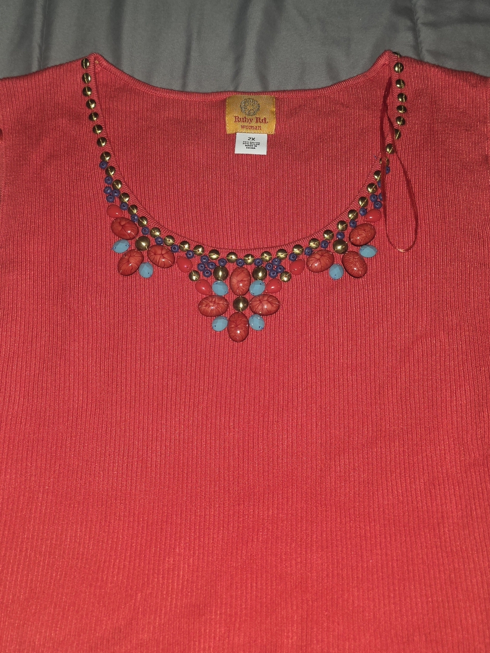 Ruby Rd. Coral Red Embellished Tank Top - Picture 2 of 3